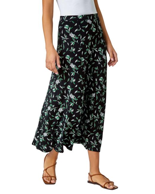 Roman Black Floral Leaf Stretch Jersey Midi Skirt