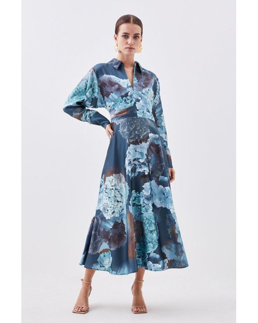 Karen Millen Blue Petite Abstract Floral Draped Satin Woven Midi Dress