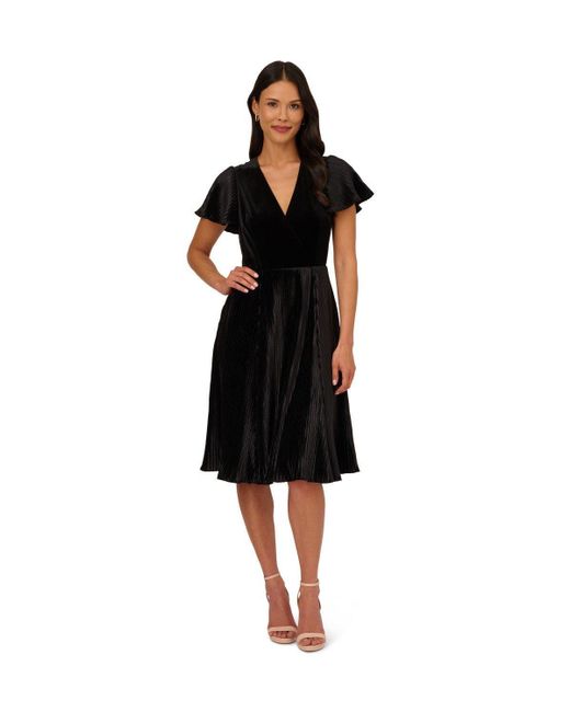 Adrianna Papell Black Velvet Pleated Midi Dress