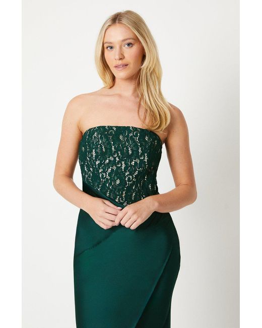 Debut London Green Corset Lace Bodice Satin Drape Skirt Prom Dress