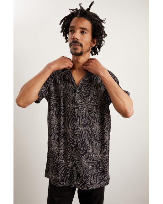 Burton Black Abstract Floral Print Viscose Revere Shirt for men