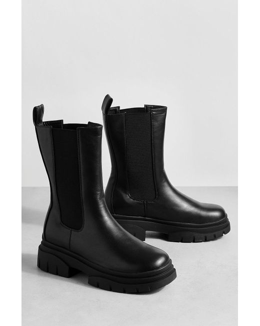 Boohoo Black Wide Width Wave Sole Calf Detail Chelsea Boots