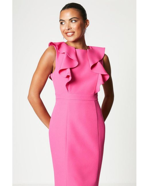 Coast Pink Frill Detail Crepe Flared Skirt Midi Dress