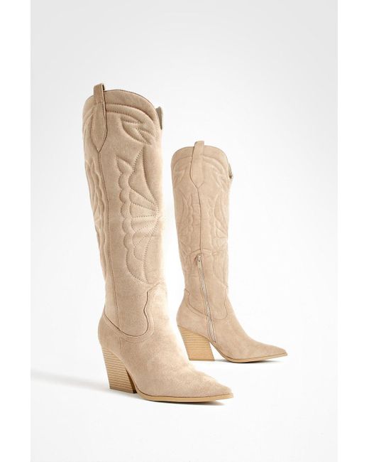 Boohoo White Embroidered Tab Detail Knee Western Cowboy Boots