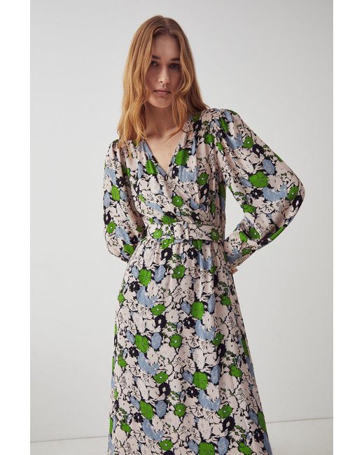 Warehouse Green Woven Midi Wrap Dress In Floral