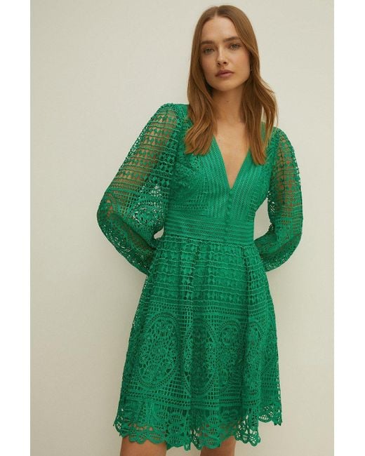Oasis Green Petite Premium Lace V Neck Skater Dress