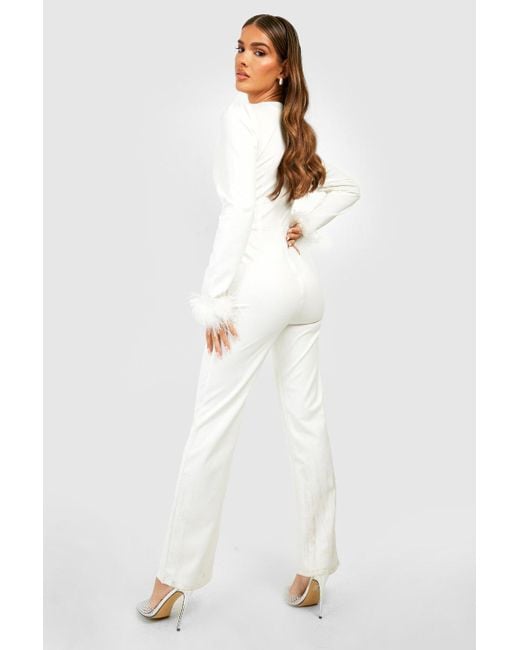 Boohoo White Feather Cuff Plunge Jumpsuit
