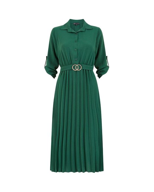 Yumi' Green Pleated Skirt Midi Shirt Dress