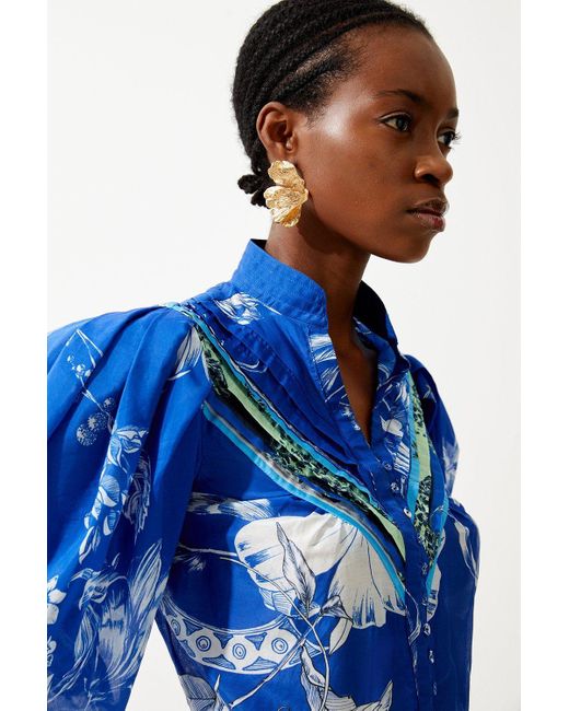 Karen Millen Blue Placed Floral Silk Cotton Woven Blouse