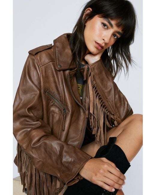 Nasty Gal Brown Real Leather Belted Fringed Moto Jacket