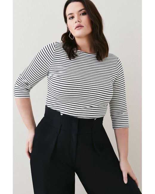 Karen Millen White Plus Size Cotton Stripe 3/4 Sleeve Top