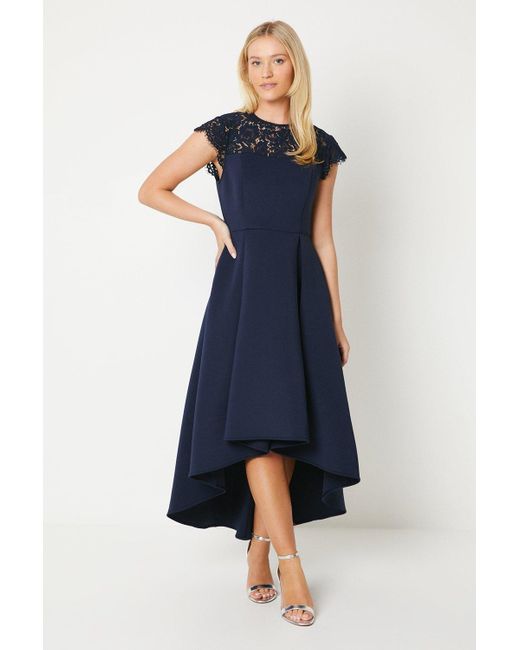 Debut London Blue Lace And Scuba High Low Midaxi Dress