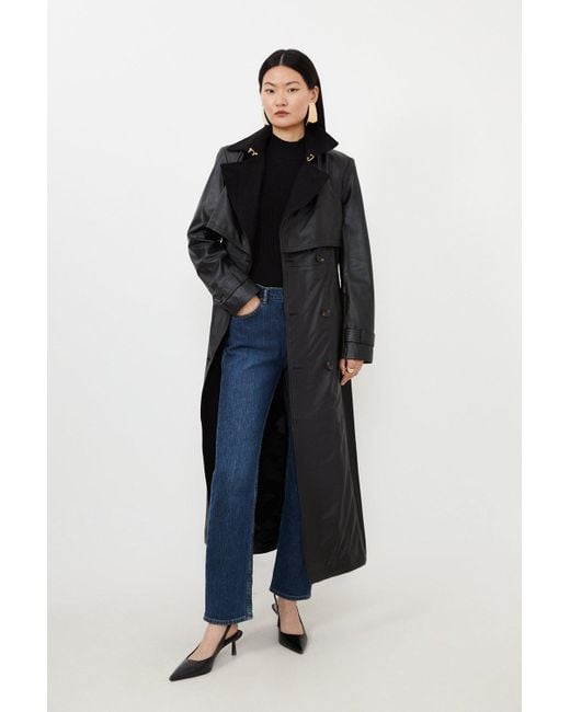 Karen Millen Blue Leather And Wool Mix Belted Trench Coat