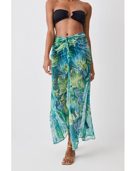 Karen Millen Blue Tropical Printed Ruched Woven Beach Skirt