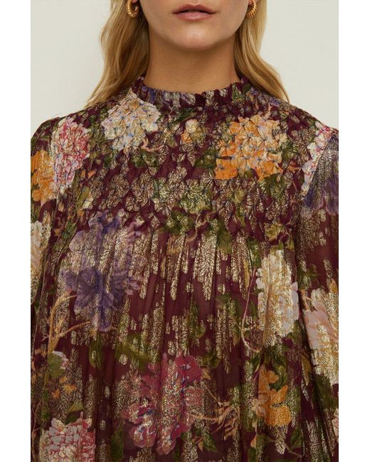 Oasis Green Rhs Metallic Berry Floral Shirred Neck Top