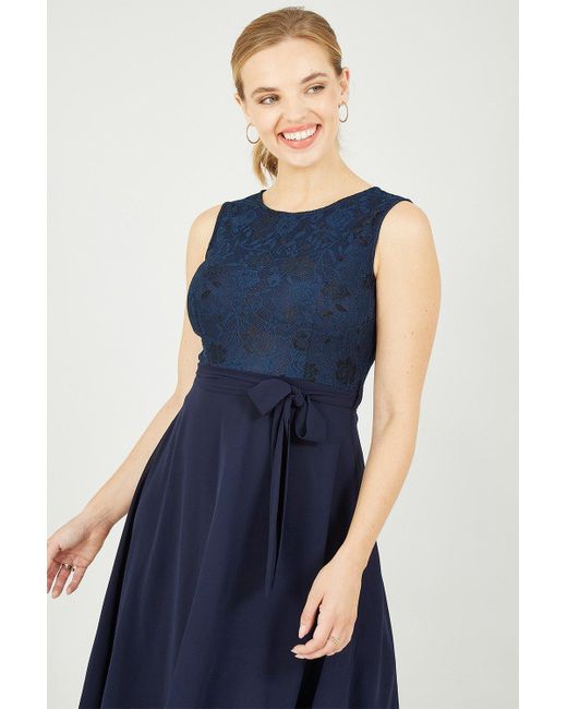 Mela Blue Navy Lace And Woven Dipped Hem Dress