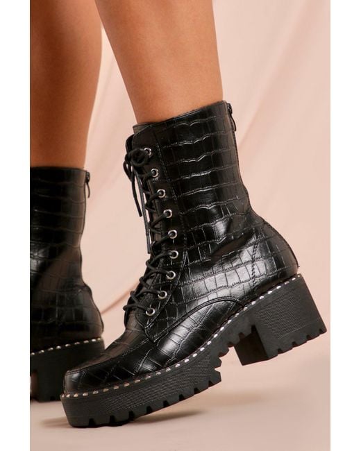 MissPap Black Croc Stud Detail Chunky Ankle Boot