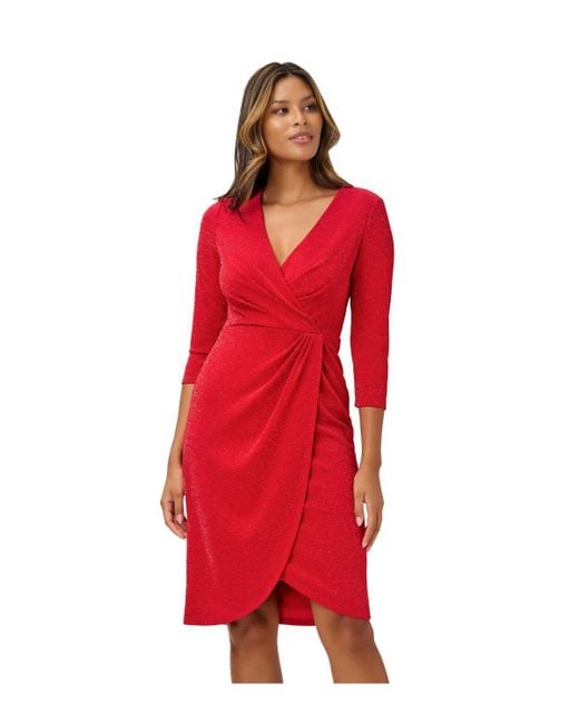 Adrianna Papell Red Metallic Knit Draped Dress