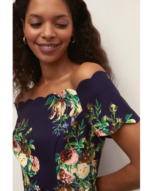 Oasis Black Navy Floral Print Scallop Bardot Jumpsuit