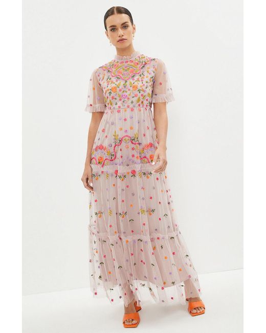 Coast Pink Petite Flare Sleeve All Over Embroidered Maxi Dress