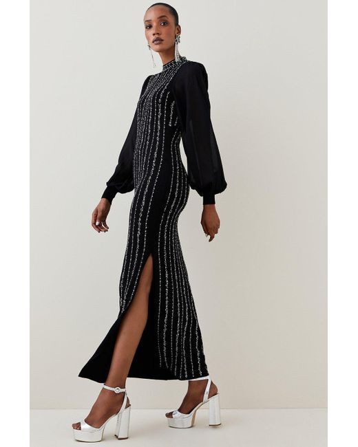 Karen Millen Black Linear Crystal Embellished Knit Midaxi Dress