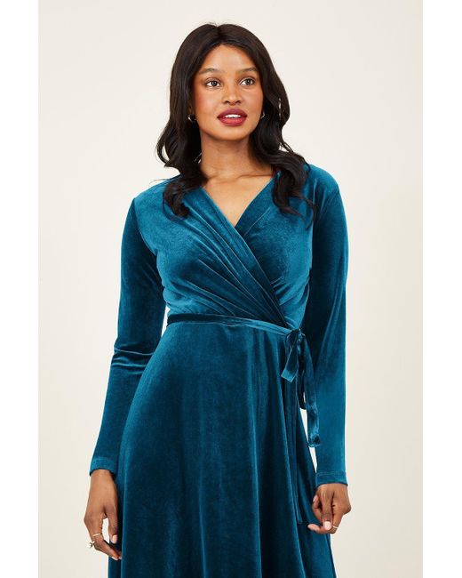 Yumi' Blue Teal Velvet Wrap Dress