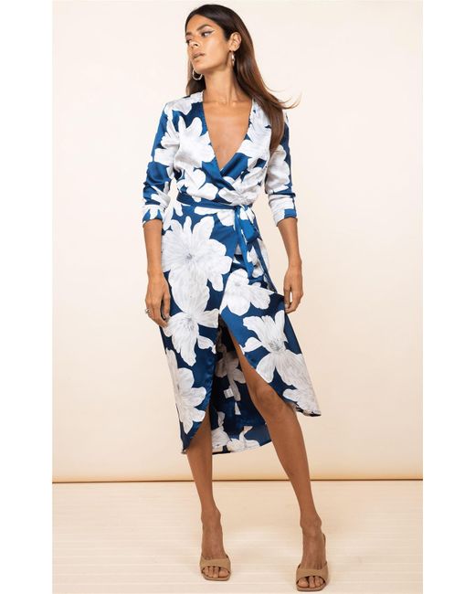 Dancing Leopard Blue Yondal Floral Print Wrap Front Midi Dress V-neck Tie Waist Outfit
