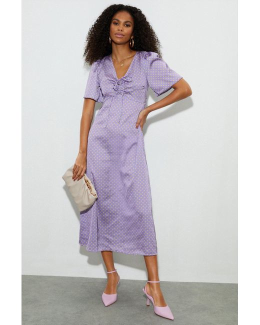 Dorothy Perkins Purple Petite Lilac Spot Satin Angel Sleeve Dress