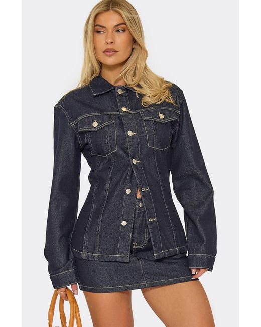 EGO Blue Long Sleeve Button Down Split Hem Denim Jacket
