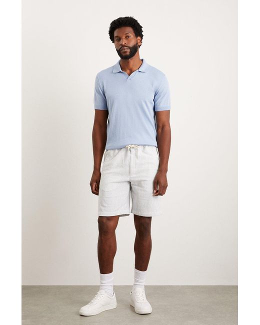 Burton White Slim Fit Navy Fine Stripe Linen Blend Shorts for men