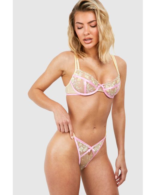 Boohoo Brown Mesh Floral Embroidered Thong