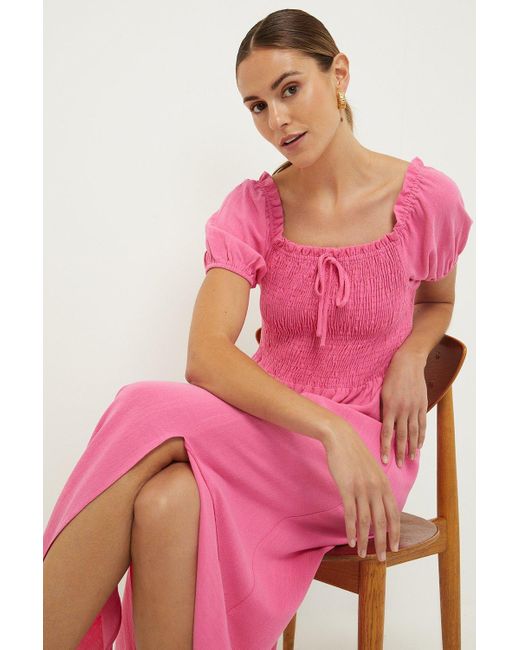 Dorothy Perkins Petite Pink Shirred Bodice Midi Dress