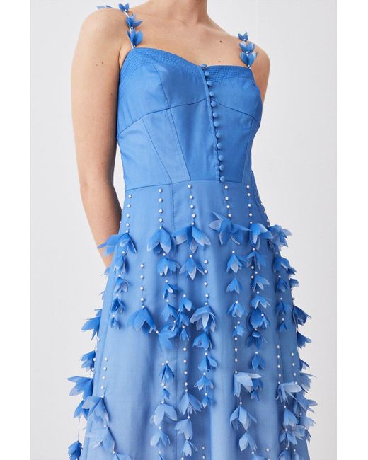 Karen Millen Blue Cotton Applique Detail Woven Midi Dress