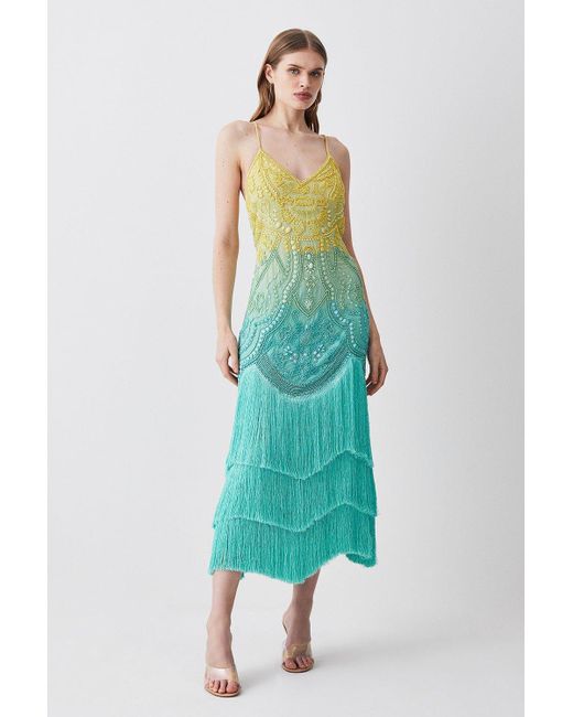 Karen Millen Green Ombre Fringe Woven Midi Dress