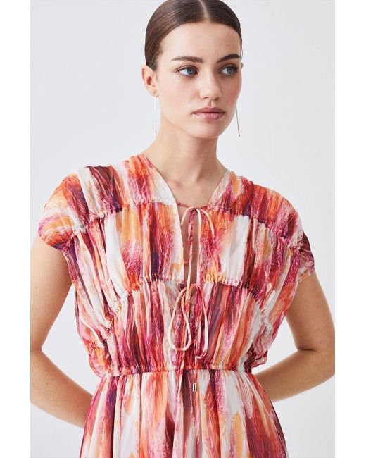 Karen Millen Petite Watercolour Crinkle Shirred Woven Maxi Dress