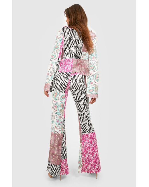 Boohoo Pink Printed Frill Tie Blouse & Flared Pants Set
