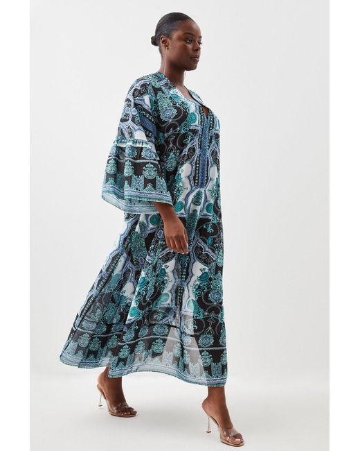 Karen Millen Blue Plus Size Embellished Mirrored Kimono Sleeve Maxi Dress