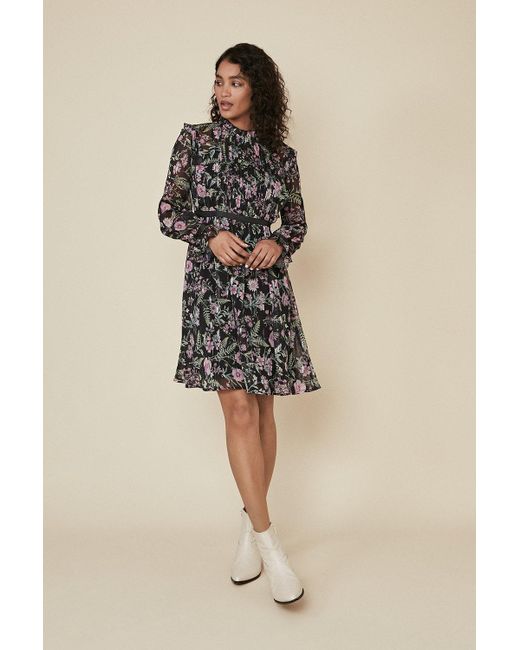 Oasis Brown Floral Print Pintuck Skater Dress