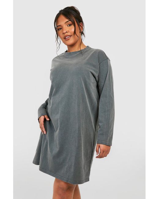 Boohoo Gray Plus Cotton Acid Wash Long Sleeve T-shirt Dress