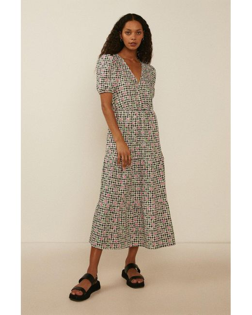 Oasis Natural Floral Gingham Button Textured Midi Dress