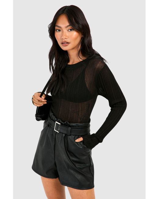 Boohoo Black Faux Leather Look Belted High Waisted Short