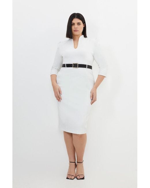 Karen Millen White Plus Size Tailored Structured Crepe High Neck Belted Dress