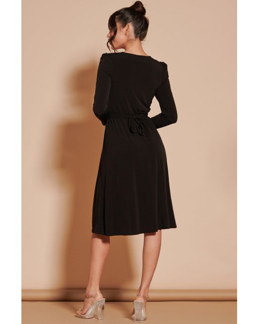 Jolie Moi Black Long Sleeve Pleated Jersey Midi Dress