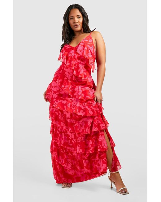 Boohoo Red Plus Floral Frill Plunge Ruffle Maxi Dress