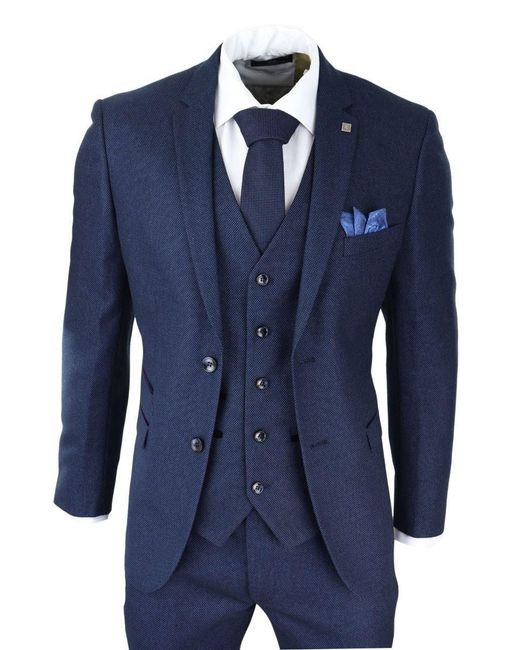 Paul Andrew Blue 3 Piece Birdseye Tweed Classic Suit for men