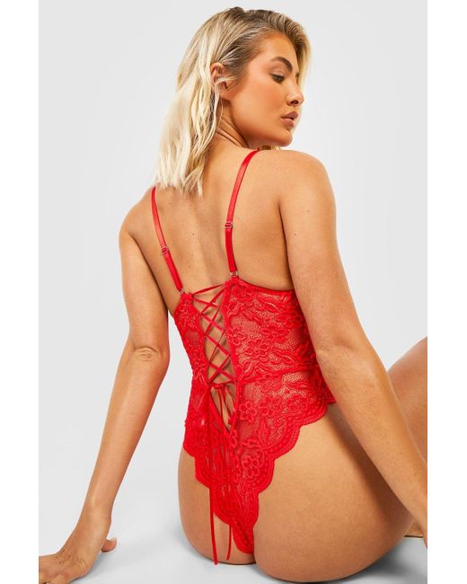 Boohoo Red Lace Up Crotchless One Piece
