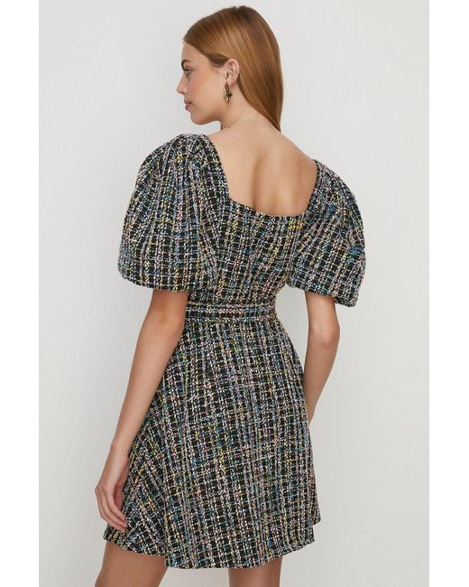 Oasis Multi Tweed Puff Sleeve Belted Mini Dress in Grey Lyst UK