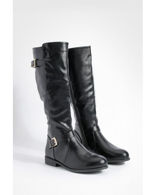 Boohoo Black Wide Fit Harness And Buckle Detail Knee High Boot