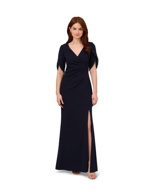Adrianna Papell Blue Pearl Trim Knit Crepe Gown