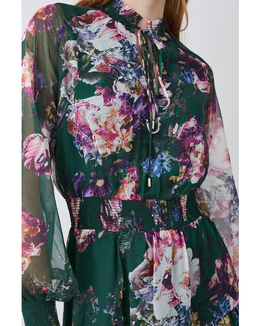 Karen Millen Multicolor Floral Shirred Detail Woven Maxi Dress